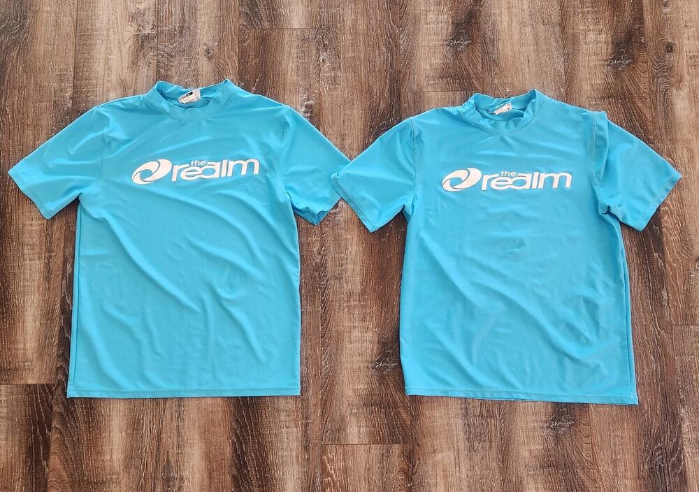 The Realm Swim Tee Shirt Men Size Medium Turquoise Blue Set of 2 Short Sleeve